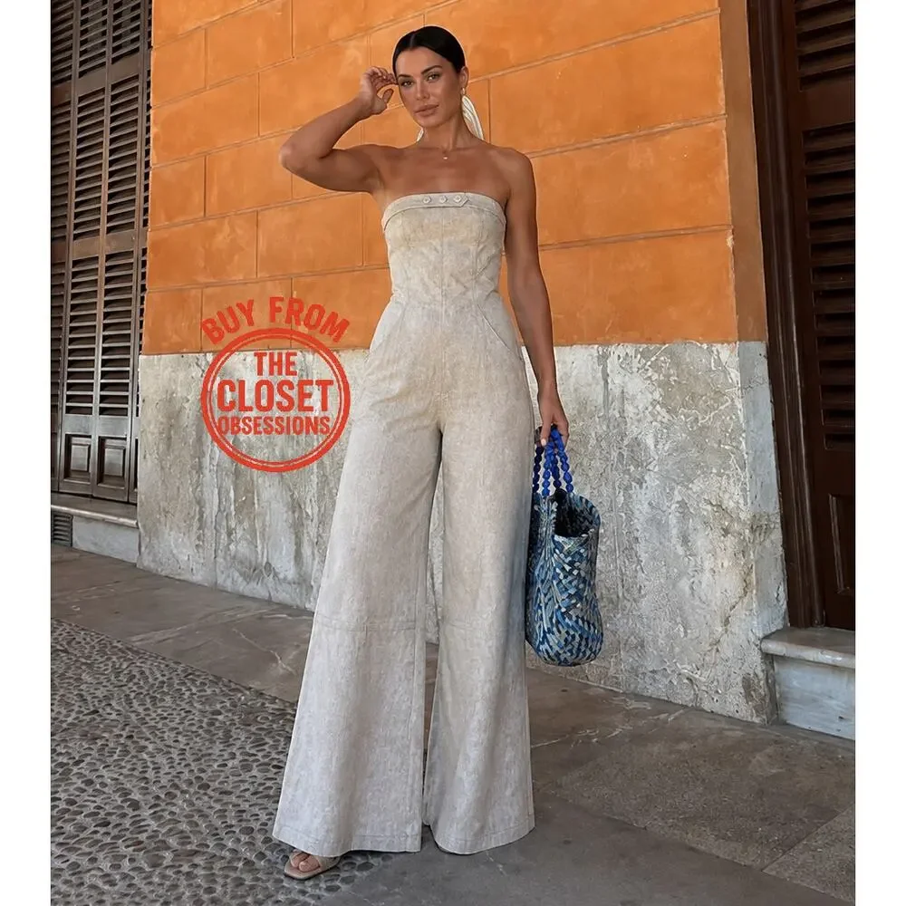 Zara Linen Blend Strapless Wide Leg Jumpsuit NWT Palazzo Resort Vacation Outfit